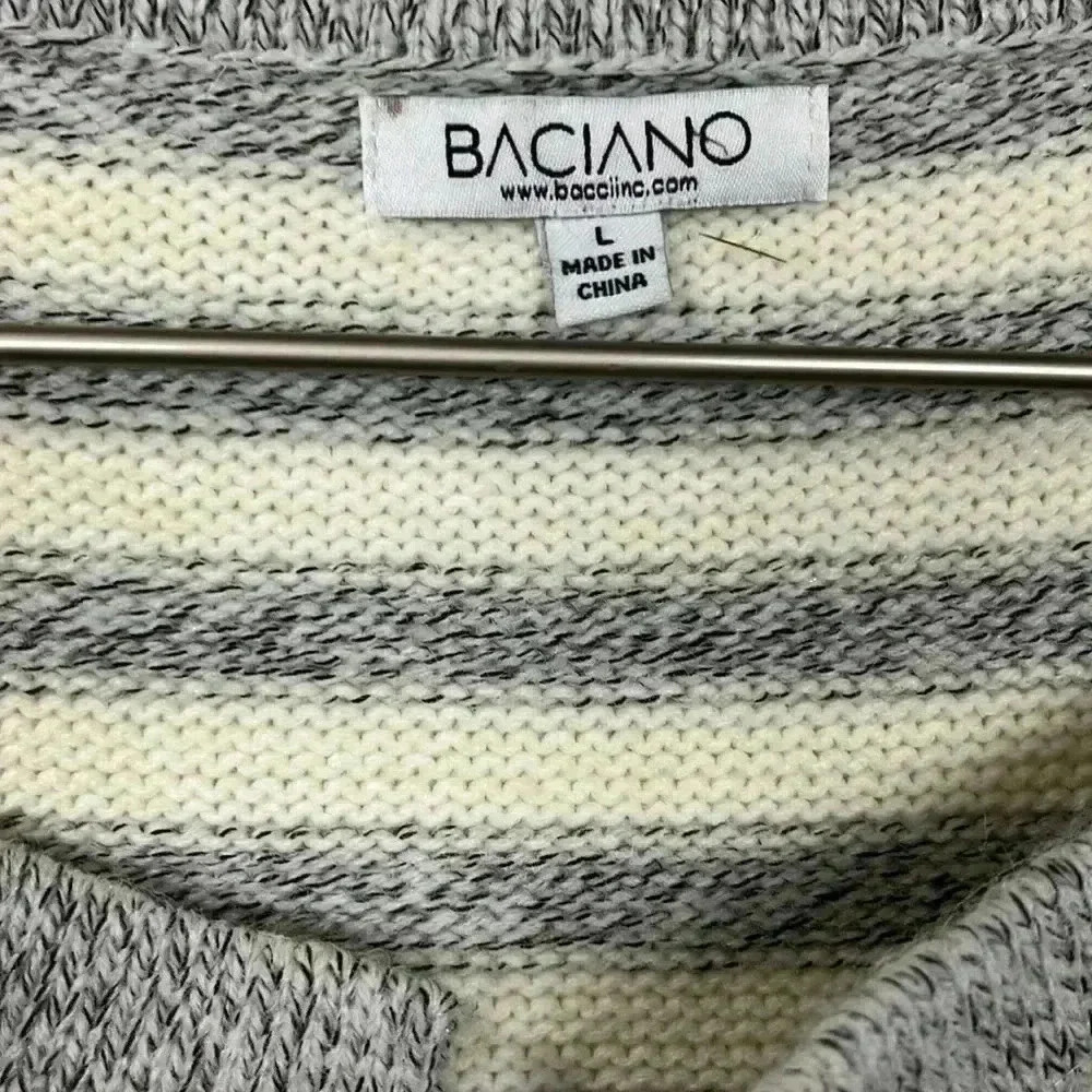 Baciano Womens Cardigan L Gray & White Open Front Long Lines Ribbed Cuffs & Hem - Picture 2 of 10
